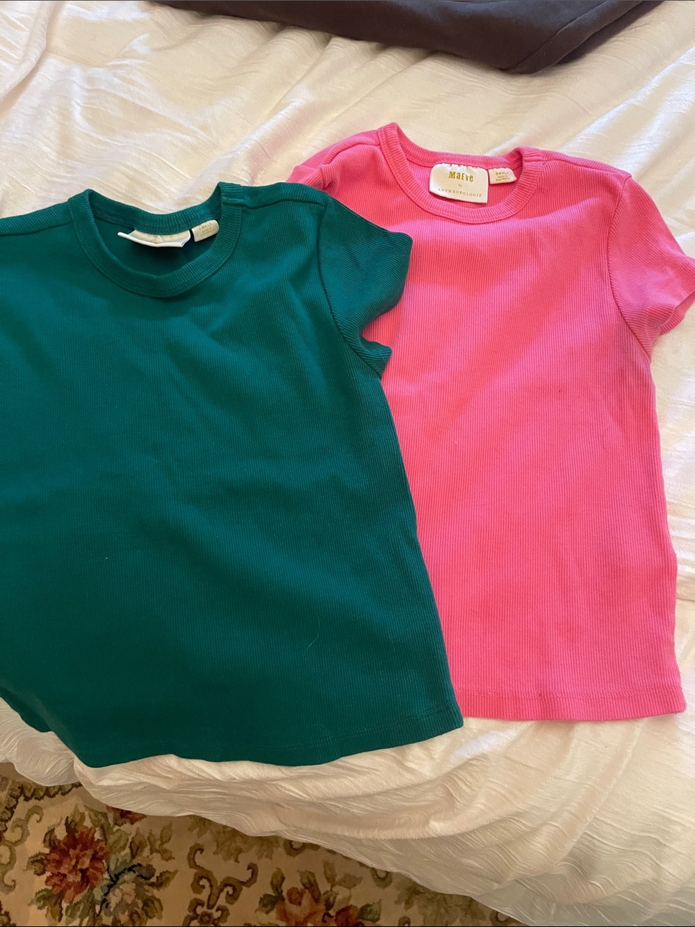 Maeve Kids Short Sleeve Rib Tees in Green & Pink